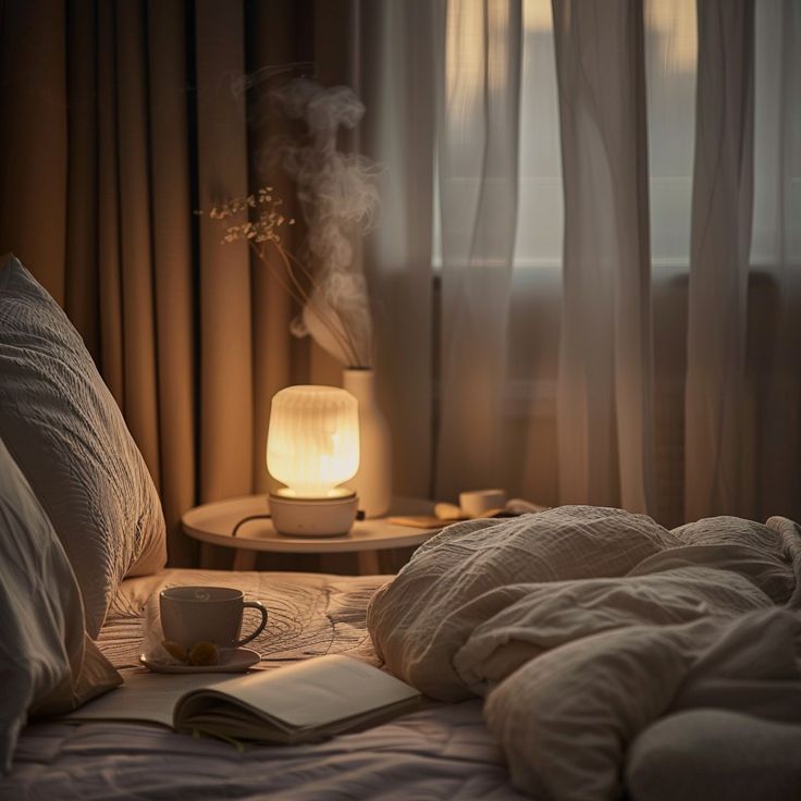Illustration of a peaceful bedroom setting designed for evening wind-down routines